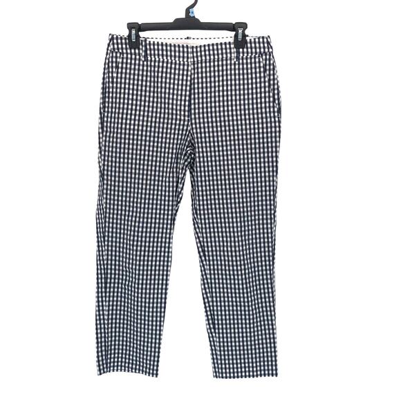 J Crew Factory Pants Womens 8 Gingham Cropped Straight Skimmer Cotton Navy Blue - Picture 2 of 9